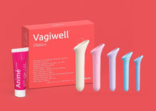 Load image into Gallery viewer, Vagiwell silicone dilator set for vaginismus with water based lubricant. The set of vaginal dilators is standing beside it's orange packaging.