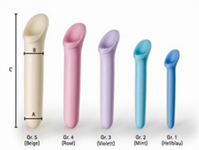 Load image into Gallery viewer, Vagiwell vaginal dilator size chart. Dilators are used for a number of conditions that cause the vagina to be too tight like radiotherapy, vaginismus, and scarring from childbirth.