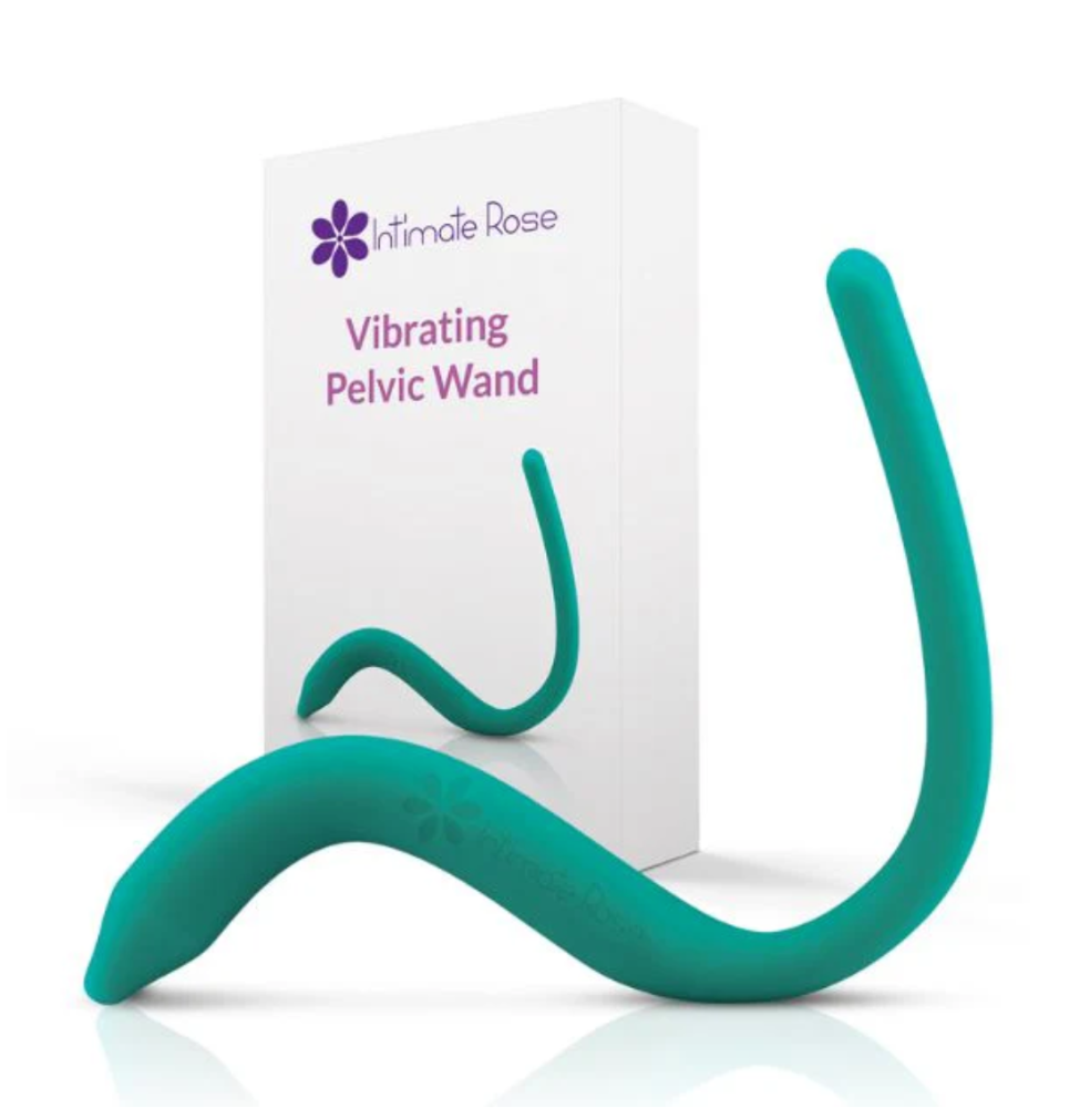 A green intimate Rose vibrating Pelvic wand in front of its cardboard packaging on a white background