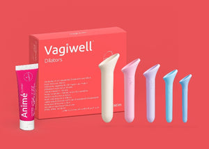 Vagiwell silicone dilator set for vaginismus with water based lubricant. The set of vaginal dilators is standing beside it's orange packaging.