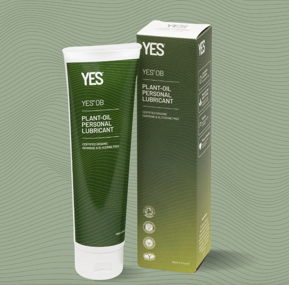 Green plastic tube and packaging for Yes OB, an oil based lubricant used for sex and everyday vaginal moisturising.