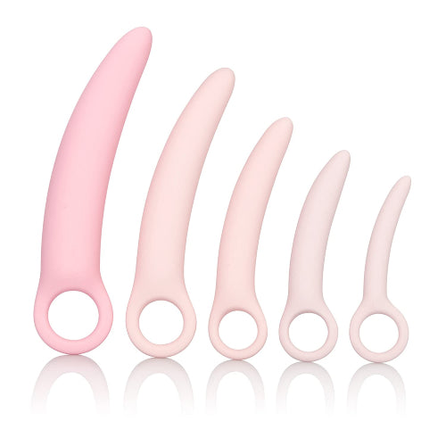 Calexotics Inspire set of 5 graduating silicone vaginal dilators in varying shades of peach and pink. - BodyGrá specialises in sexual health products for people in Ireland experiencing pain during sex for conditions such as vaginismus and endometriosis as well as cancer treatment and gender affirming surgery.