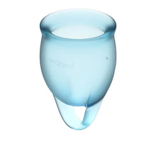 Load image into Gallery viewer, The Feel Confident silicone menstrual cup set comes with 2 sizes of cups - 20ml for heavier flow days and 15ml for lighter flow days. They are reusable so they are better for the environment and you can wear them for up to 8 hours. These menstrual cups come with a looped handle for easily emptying and better control. BodyGrá is Ireland&#39;s Sexual Health and Wellness Shop.