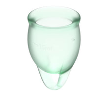 Load image into Gallery viewer, The Feel Confident silicone menstrual cup set comes with 2 sizes of cups - 20ml for heavier flow days and 15ml for lighter flow days. They are reusable so they are better for the environment and you can wear them for up to 8 hours. These menstrual cups come with a looped handle for easily emptying and better control. BodyGrá is Ireland&#39;s Sexual Health and Wellness Shop.