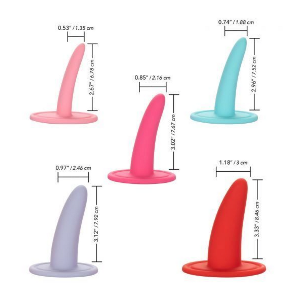 Sizing chart for the She-ology wearable silicone dilator set for vaginismus, dyspareunia, and other pelvic pain conditions