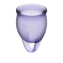 Load image into Gallery viewer, The Feel Confident silicone menstrual cup set comes with 2 sizes of cups - 20ml for heavier flow days and 15ml for lighter flow days. They are reusable so they are better for the environment and you can wear them for up to 8 hours. These menstrual cups come with a looped handle for easily emptying and better control. BodyGrá is Ireland&#39;s Sexual Health and Wellness Shop. 